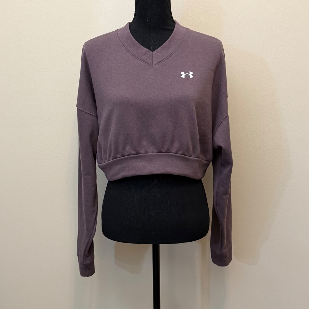 Under Armour Womens M V-Neck Cropped Sweatshirt Mauve Purple Long Sleeve Active